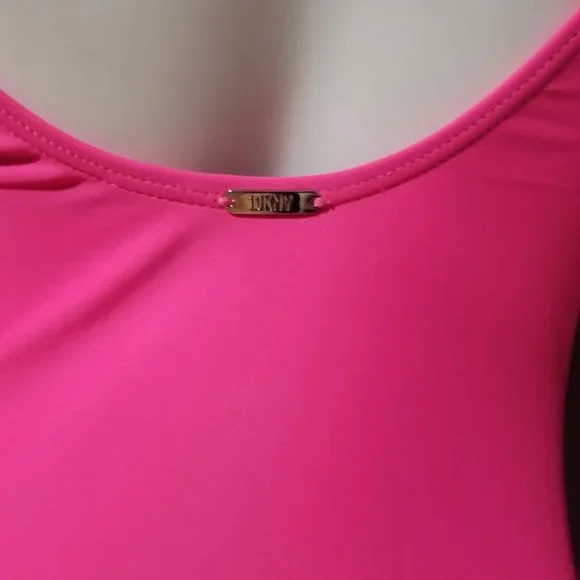 DKNY Neon Pink Ruched Mesh-Contrast One-Piece Swimsuit Size 8 - Picture 5 of 12